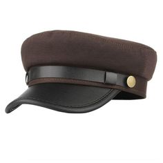 Classic Flat Top Army Military Hat with Large Buttons and Polyurethane Belt-Hats-Innovato Design-Brown-Innovato Design Fiddler Hat, Artist Hat, Baker Boy Cap, Baker Boy Hat, Sailor Hat, Berets Cap, Baker Boy, Military Hat, Cap Fashion