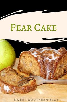 a piece of cake sitting on top of a wooden cutting board next to an apple