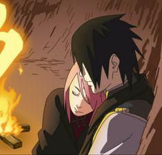 two anime characters in front of a fire