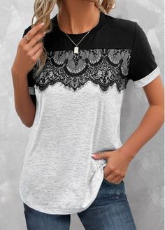 Size:S;Size:M;Size:L;Size:XL;Size:XXL;Color:Grey;Package Contents:1 X T Shirt;Occasion:Other;Style:Casual; Alter Clothes, Grey Lace Shorts, Shirt Makeover, Recycled Clothing, Upcycled Clothes, Tshirt Refashion, Trendy Tops For Women, Grey Lace, Lace Tshirt