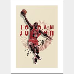 an autographed photograph of michael jordan holding a basketball in his right hand, with the word'jordan'written on it