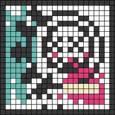 a cross - stitch pattern with a cat's face in the center and pink, green, blue, black, and white colors