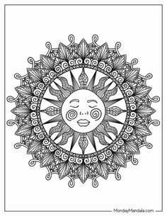 a coloring page with an image of a sun in the center and leaves around it