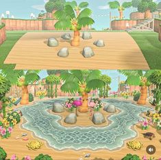 two screens show the same scene as each other, with palm trees and flowers on them