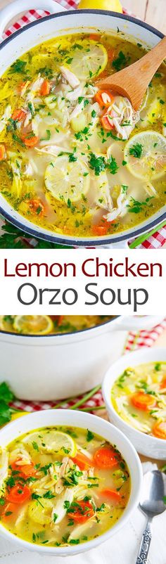 two bowls of lemon chicken orzo soup on a red and white checkered tablecloth