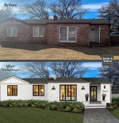 before and after photos of a brick ranch house