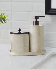 two bathroom accessories on a counter next to a potted plant