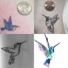 four different tattoos with hummingbirds and coins on their wrist, one is for a girl