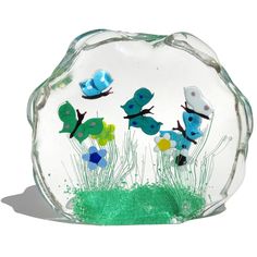 a glass plate with butterflies and grass in it