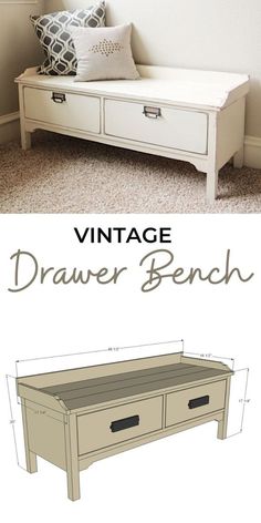 an image of a bench with drawers on it and the words vintage drawer bench below