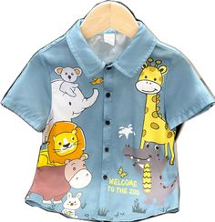 Blue Casual Collar Short Sleeve Woven Fabric Animal,Cartoon,Letter Shirt Embellished Non-Stretch  Young Boys Clothing