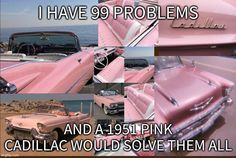 the pink car is parked next to the ocean and has pictures of it's interior