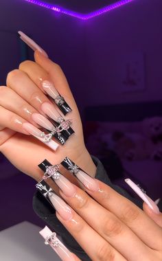 Extra Long Acrylic Nails Coffin Ideas, Long Coffin Nails Designs, Long Box Nails, Rap Nails, Long Latina Nails, Acrylics With Charms, Y2k Long Nails, Gang Nails, G Initial Nails