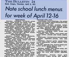 a newspaper article with the words note school lunch menus for week of april 12 - 16