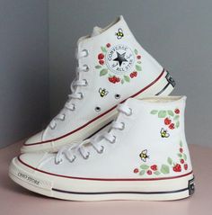 Custom Embroidery Converse/strawberry and Bees Embroidered Shoes/custom Converse High Tops Embroidered Strawbery/ Strawberry Sneakers Gift - Etsy Cute White High-top Sneakers For Spring, Spring High-top Sneakers With Embroidered Logo, Summer Embroidered High-top Sneakers, Summer High-top Sneakers With Floral Embroidery, High-top Floral Embroidery Sneakers For Summer, Vintage High-top Sneakers For Spring, Spring Vintage High-top Sneakers, Vintage White High-top Sneakers For Spring, Strawberry Sneakers