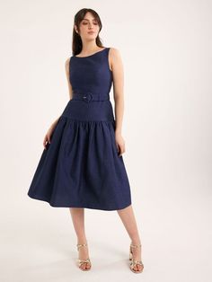 Review Fashion, Navy Midi Dress, Review Dresses, Invisible Zip, Fabric Belt, Stretch Satin