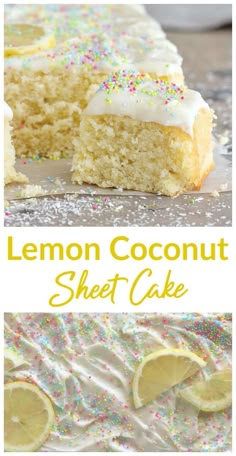 lemon coconut sheet cake with white frosting and sprinkles