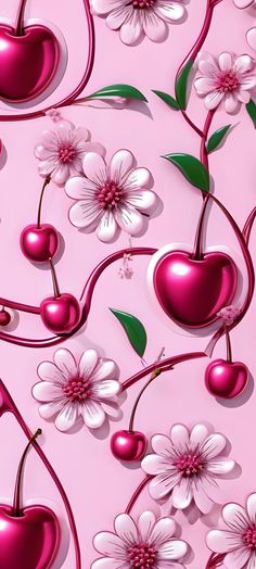 a pink background with hearts, flowers and cherries in the center on top of each other