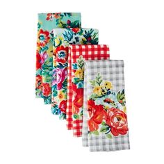 six napkins with flowers and gingham checkered design on each one side