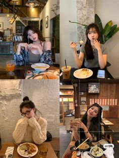 four different pictures of women eating food and talking on their cell phones while sitting at a table