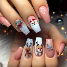 Santa Nails, Multicolored Nails, Uñas Acrilicas, Christmas Nail, Christmas Nail Art, Nails Short, Holiday Nails