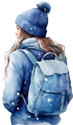 a watercolor painting of a woman with a backpack in the snow wearing a blue hat