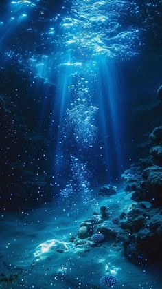 an underwater scene with sunlight shining through the water