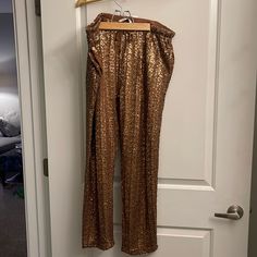 Brand New Never Worn Gold/Brown Sequined Pants Gold Long Pants For Night Out, Brown Pants For Night Out, Brown Straight Pants For Night Out, Brown Full-length Pants For Night Out, Brown Full Length Pants For Night Out, Brown Wide Leg Party Bottoms, Brown High-waisted Pants For Party, Casual Brown Pants For Party, Casual Brown Party Bottoms