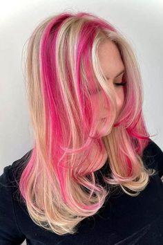 Pink Chunky Highlights #2024hairstyletrends #blondehair #blondehairwith highlights #hairhiglights Blonde Hair Characters, Bride Hairstyles For Long Hair, Pink Hair Dye, Vivid Hair Color, Hair Mistakes, Crimped Hair, Blonde With Pink, Dyed Hair Inspiration, Pink Highlights