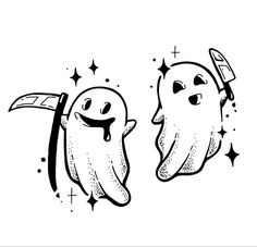 two cartoon ghost characters with one holding a flag