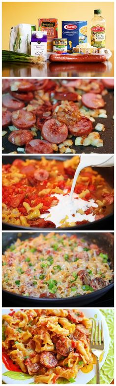 the process of making pasta with sausage and tomato sauce is shown in three different stages