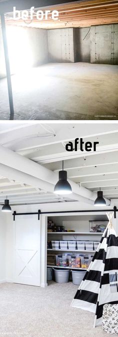 before and after photos of an unfinished garage with light coming in from the ceiling,