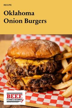 a cheeseburger and fries are on a red checkered plate with the words, recipe