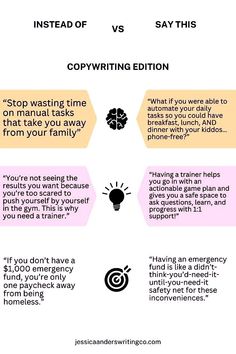 an info sheet with two different types of writing and the words, instead of copywritering