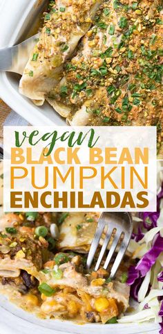 an enchilada dish with black bean, pumpkin and green onions in it