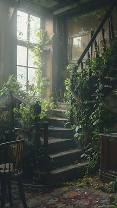 an abandoned house with plants growing on the stairs