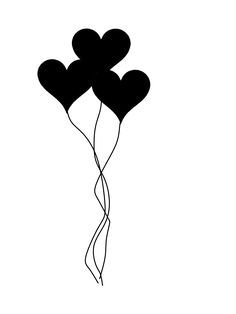 three black heart shaped balloons floating in the air on a white background with long string