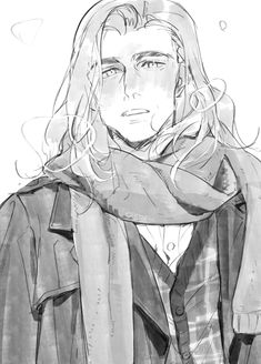 a black and white drawing of a man with long hair wearing a jacket, scarf and tie