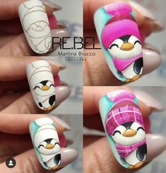 Christmas Animal Nails, Cartoon Christmas Nails, Penguin Nails, Cartoon Nail Designs, Owl Nails, Fingernails Painted, Christmas Nail Art Easy, Quick Nail Art