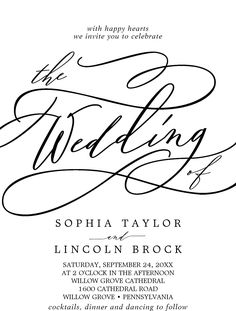 the wedding card is shown in black and white, with an elegant calligraphy font