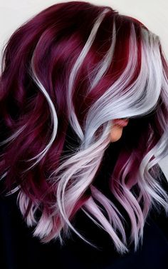 Dr Pepper Hair Color, Burgandy Hair Highlight, Maroon Hair With Blonde Highlights, Silver And Red Hair, Red And Blonde Hair Color Peekaboo, Grey And Red Hair, Fun Hair Trends, Gray And Red Hair, Red Hair With Silver Highlights