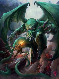 an illustration of a giant green creature attacking a demon