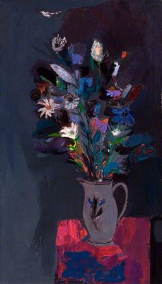 a painting of flowers in a white vase on a red tablecloth with a black background