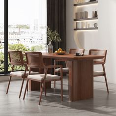 a dining table with four chairs and a vase on the table in front of it