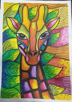 a drawing of a giraffe with colorful leaves on it's face and eyes