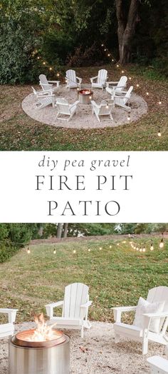 an outdoor fire pit with chairs around it and the words diy pea gravel fire pit patio