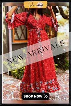 Bohemian Floral Print Belt Ruffle Sleeve Maxi Dress Bohemian Maxi Dress With Ruffle Hem For Fall, Spring Bohemian Boho Dress With Ruffle Hem, Bohemian Boho Dress With Ruffle Hem For Spring, Spring Bohemian Maxi Dress With Ruffle Hem, Red Bohemian Maxi Dress With Ruffles, Floral Print Design, Maxi Dress Online, Bohemian Floral, Dresses By Length