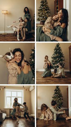 a collage of photos with people and a christmas tree in the background, one woman holding a child