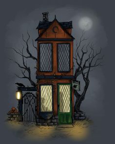 a drawing of a house with a green door and window in front of a tree