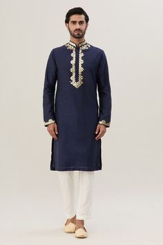 Dark blue bundi with 3d embroidery. Paired with a dark blue kurta and white pant. - Aza Fashions Designer Blue Sherwani With Gota Work, Blue Sherwani With Gota Work, Blue Bollywood Sherwani With Gota Work, Blue Sherwani With Gota Work For Festivals, Festive Blue Sherwani With Gota Work, Blue Sherwani With Gota Work For Eid, Kurta Set Men, Jayanti Reddy, White Pant